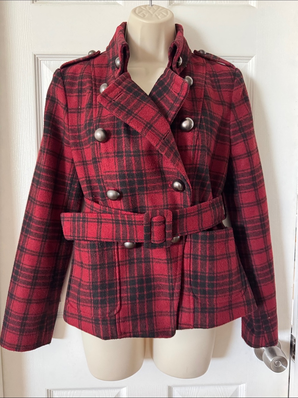 Forever 21 Red and Black Plaid Double-Breasted Belted Peacoat